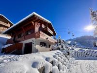 una casa cubierta de nieve junto a una valla en Le Chalet des Ours, en Châtel
