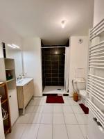 a bathroom with a shower and a sink and a toilet at Studio cosy - 15 minutes from Paris and CDG Airport in Le Blanc-Mesnil