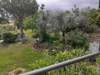 a garden with a bench and trees and grass at Petit Paradis chez Pascale et Bernard in Cazouls-lès-Béziers