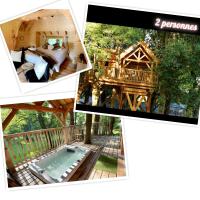 a collage of pictures of a cabin with a pool at Cabane perchée luxe avec jacuzzi Domaine du Marais Maisse in Maisse