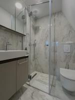 a bathroom with a shower and a sink and a toilet at Villa Anemar in Blidinje