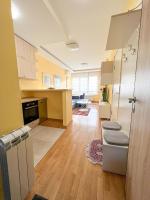 a room with a kitchen and a living room at Mega Lux Apartment in Vračar (historical)