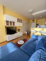 a living room with a blue couch and a flat screen tv at Mega Lux Apartment in Vračar (historical)
