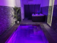 a purple bathroom with a bath tub and a tub at La Paillote Exotique Spa in Beaucaire