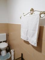 a bathroom with a white towel hanging on a towel rack at Berkenyés Vendégház in Zalalövő