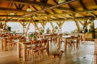 a dog standing in a restaurant with tables and chairs at Siedlisko Nawiady - hotel butikowy in Nawiady