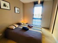 Un dormitorio con una cama con dos bolsas. en Appartement T2 cosy à Rodez, en Rodez