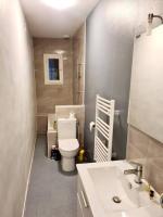 a bathroom with a white toilet and a sink at Maison Jean Léone in Gevrey-Chambertin