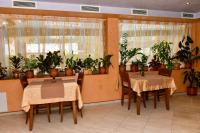 dos mesas y sillas en un restaurante con macetas en Blyan Family Hotel, en Chiflik