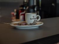 eine Tasse Kaffee auf einem Teller auf einem Tisch in der Unterkunft Mountain Sky View - Маунтин Скай Вю in Gabrowo