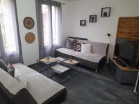 a living room with a couch and a tv at Appartement all in grey in Agen