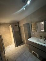 ein Bad mit einer Dusche, einem Waschbecken und einem Spiegel in der Unterkunft Villa de vacances avec piscine privative chauffée in Saint-Maime