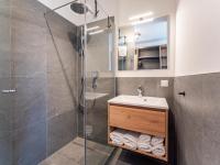 a bathroom with a shower and a sink and a mirror at Grebenzen Lodge Prinz in Sankt Lambrecht