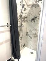 a bathroom with a shower with a glass door at La Domus Lemaitre 1, plain-pied, Wifi , TV, parking, jardin 
