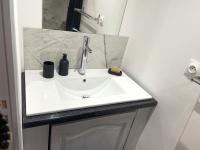 a white sink in a bathroom with a mirror at La Domus Lemaitre 1, plain-pied, Wifi , TV, parking, jardin 
