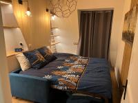 a bedroom with a bed with a blue couch at Rooms with fabulous view on Paris roofs in Paris