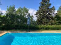 a blue umbrella sitting next to a swimming pool at Gîte de charme avec grand jardin &amp; piscine in Touffailles