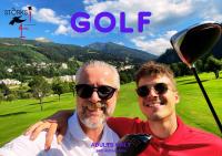 two men standing next to each other on a golf course at Hotel Bad Hofgastein - The STORKS - Adults Only in Bad Hofgastein