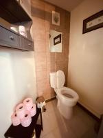 a bathroom with a toilet and a table with toilet paper at Gite pour pros entre Niort et Fontenay &#47; Tout compris in Benet