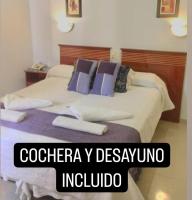 Habitación de hotel con cama con almohadas moradas en Hotel Plaza San Juan, en San Juan