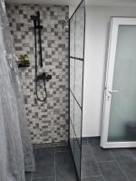 a shower with a glass door in a bathroom at Garage studio in Bistriţa
