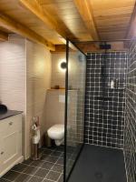 a bathroom with a toilet and a glass shower at Gastenverblijf A&amp;A met mezzanine in Gavere