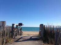 a bike parked on a wooden path to the beach at Studio Sète, 1 pièce, 4 personnes - FR-1-338-406 in Sète