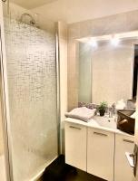 a bathroom with a shower and a sink and a mirror at Appartement à 5mn du centre ville Compiegne in Compiègne