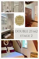 a collage of pictures of a bathroom and a bedroom at LA MEFFRAIS 1741 in Dinan