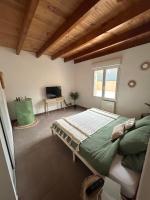 a bedroom with a bed and a television in it at Maison piscine &amp; spa Vallon Pont d&#39;Arc in Vallon-Pont-dʼArc