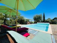 a swimming pool with chairs and umbrellas next to it at Le Planzollais in Planzolles