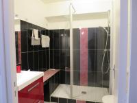La salle de bains est pourvue d&#39;une douche avec une porte en verre. dans l&#39;établissement Les jardins du gros Horloge, studio, à Rouen