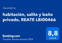 Certifikát, hodnocení, plakát nebo jiný dokument vystavený v ubytování habitación, salita y baño privado, REATE LBI00466