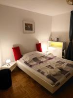 a bedroom with a large bed with red pillows at Maison Champperbou in Mont-Vully