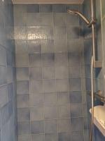 a blue tiled bathroom with a shower and a toilet at Superbe appartement dans charmant corps de ferme in Achères-la-Forêt