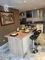 a kitchen with a island in the middle of a room at Appartement de charme et jardin in Bihorel