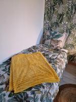 a blanket sitting on a chair in a room at Chez Aurélie et Bruno in Montceau-les-Mines