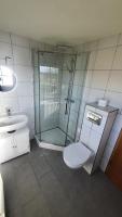 a bathroom with a shower and a toilet and a sink at Pension am Silberberg in Gartz an der Oder