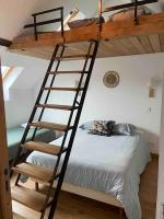 a bunk bed with a ladder next to a bed at Fermette cosy, Bain nordique &amp; Baby foot in Fromelles
