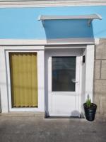 a white garage with a door and a potted plant at Garage studio in Bistriţa