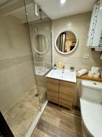 a bathroom with a shower and a sink and a toilet at Studio St Vincent cosy 2 pers Quai de Saône in Lyon