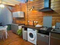 eine Küche mit einer Waschmaschine und einem Waschbecken in der Unterkunft Myosotis, charmant logement central avec piscine privée, wifi et parking gratuit in Petit-Bourg