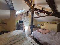 a bedroom with two beds and a tv on the wall at Maison dans un havre de paix in Saint-Julien-le-Petit