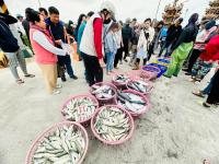 a group of people standing around baskets of fish at Yurong B&amp;B in Magong