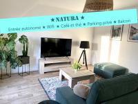 a living room with a couch and a tv at Appartement NATURA 2 chambres in Vitré