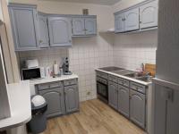 a small kitchen with blue cabinets and a sink at Confortable appart 5 mins centre de valenciennes in Anzin