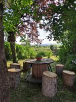 a table and stools with a bowl on top at La Chavoche in La Chapelle-de-Bragny