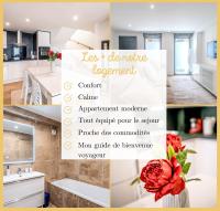 a collage of photos of a kitchen with a sign at Appart T3 Luxe Douvaine in Douvaine