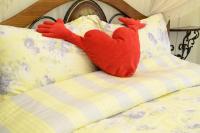 a stuffed animal is laying on a bed at 晶藍色美人魚 Mermaid Inn in Hualien City