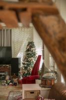 a living room with a christmas tree and a red chair at Alps Garden B&amp;B in Wujie